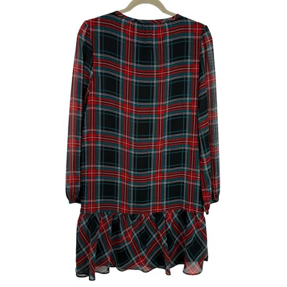 Draper James Plaid Chiffon Shift Dress size Medium Long Sleeves Ruffle Hem Midi - Picture 2 of 8